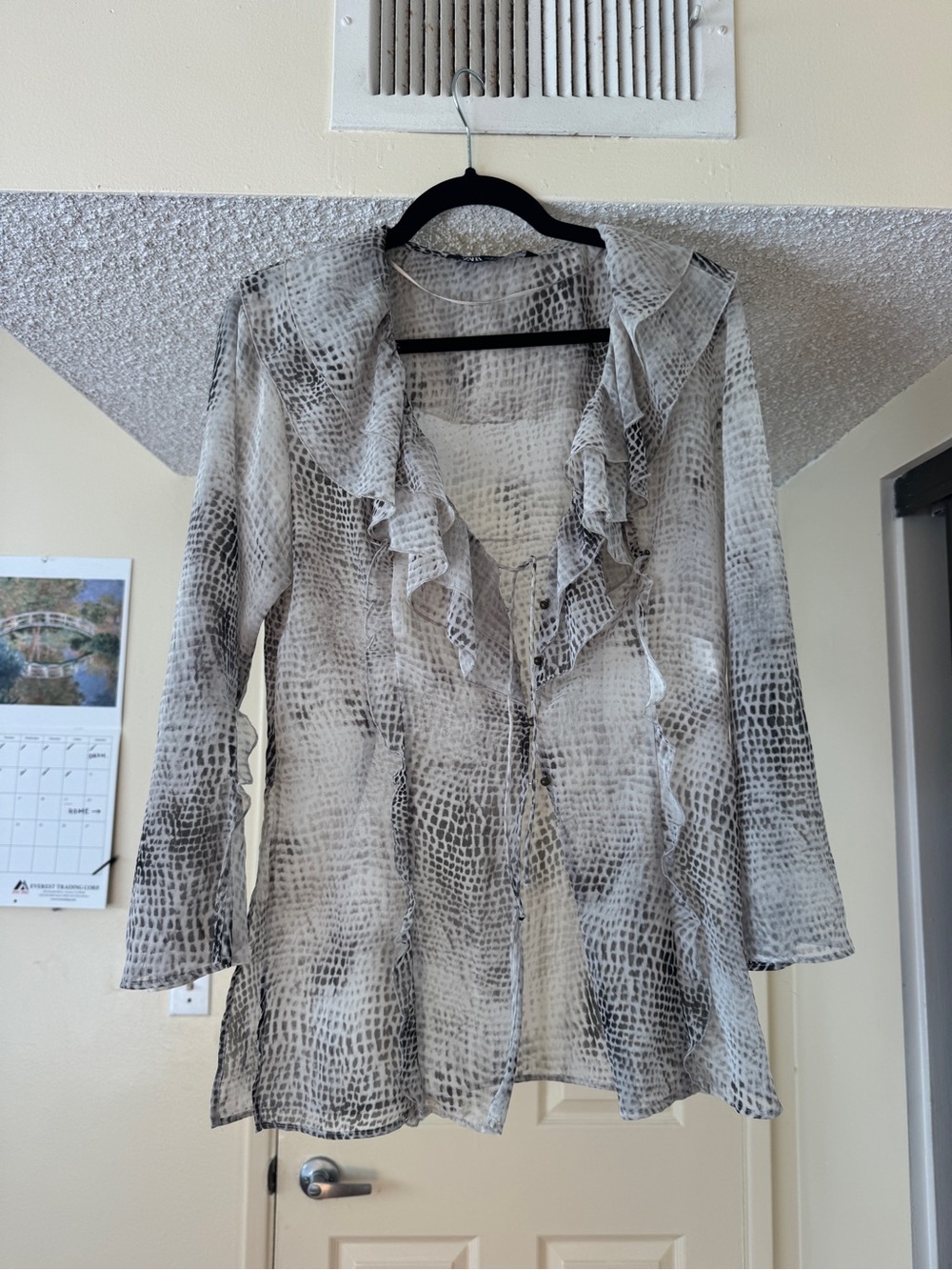 Zara Ruffle-Front Sheer Blouse in Black and White Snake Print